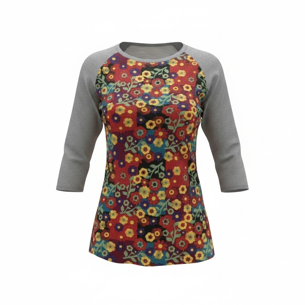LuLaRoe Randy Baseball Tee Womens Small‎ Floral Patchwork Raglan Sleeve Grey Red